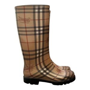 Burberry Classic Haymarket Check Logo Tan Red Tall Rain Boots Size 7